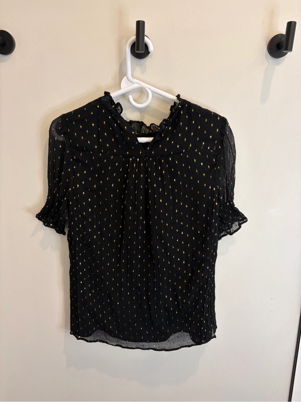 J. Crew Black Sheer Blouse with Gold Dot Print